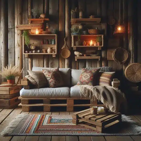 diseño de interior rustico con sofas de palets